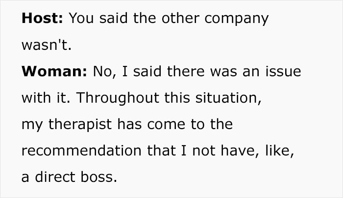 Text exchange about a woman's mental health affecting her job preferences. Text exchange about a woman's mental health affecting her job preferences.