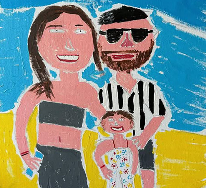 Colorful painting of a smiling couple with a child on the beach, the husband's art went viral. Colorful painting of a smiling couple with a child on the beach, the husband's art went viral.