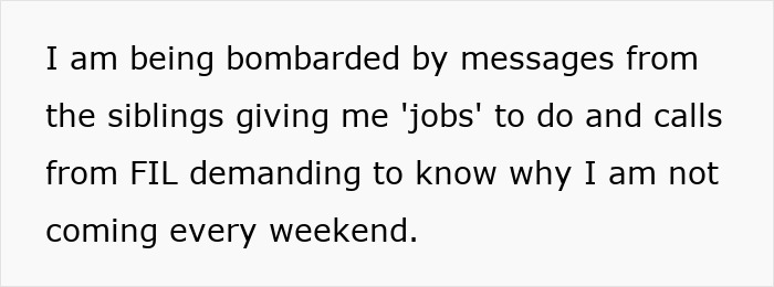 Text image discussing demands from in-laws for weekend visits. Text image discussing demands from in-laws for weekend visits.