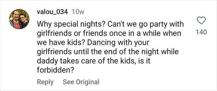 Comment discussing nightlife for moms with kids in a social media post. Comment discussing nightlife for moms with kids in a social media post.