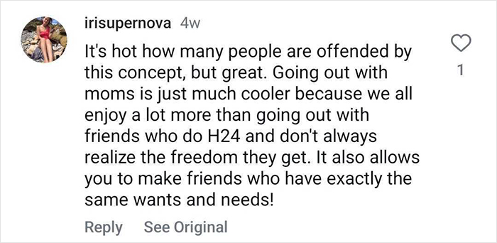 Instagram comment discussing redefining partying with moms post-baby. Instagram comment discussing redefining partying with moms post-baby.
