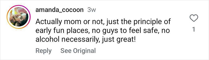 Comment by amanda_cocoon appreciating mom-friendly nightclubs for safe, fun atmosphere without alcohol. Comment by amanda_cocoon appreciating mom-friendly nightclubs for safe, fun atmosphere without alcohol.
