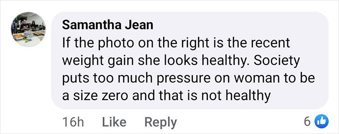 Facebook comment supporting Kendra Wilkinson's weight gain, highlighting societal pressure on women's body image. Facebook comment supporting Kendra Wilkinson's weight gain, highlighting societal pressure on women's body image.