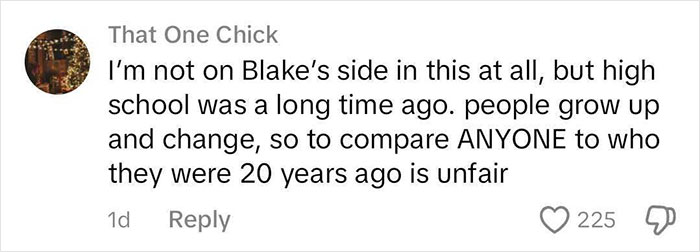 Comment discussing Blake Lively's high school yearbook photos with 225 likes. Comment discussing Blake Lively's high school yearbook photos with 225 likes.