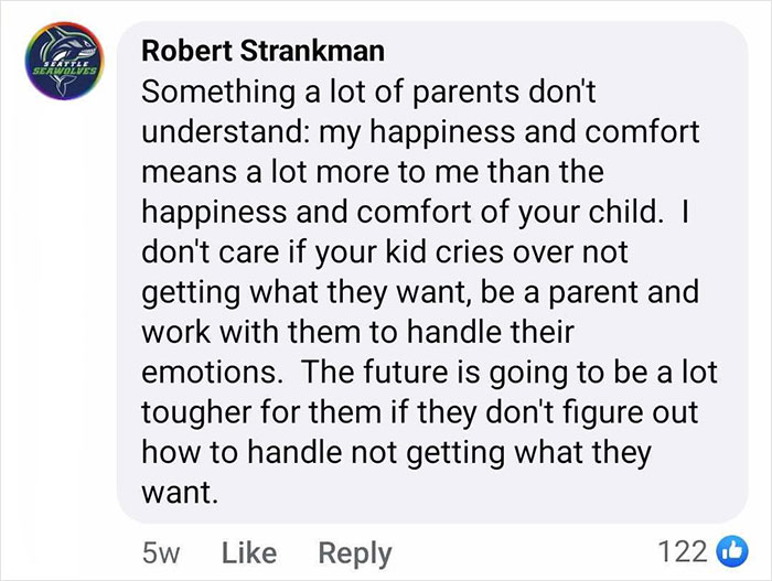 Social media comment on refusing seat swap with a crying kid, discussing personal comfort over children's emotions. Social media comment on refusing seat swap with a crying kid, discussing personal comfort over children's emotions.
