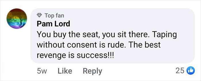 Facebook comment discussing seat refusal, taping consent, and success in context of passenger suing airline. Facebook comment discussing seat refusal, taping consent, and success in context of passenger suing airline.
