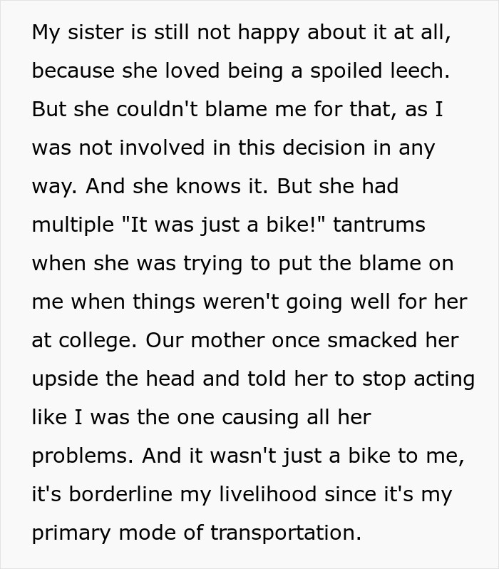 Text of a sibling disagreement highlighting a spoiled brat over a stolen bike incident. Text of a sibling disagreement highlighting a spoiled brat over a stolen bike incident.