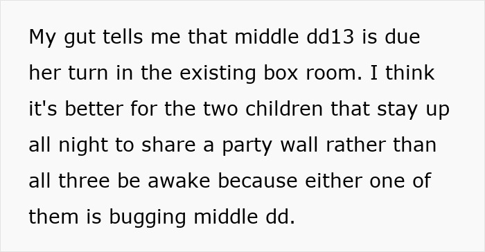 Text discussing room arrangements for children in a family home. Text discussing room arrangements for children in a family home.