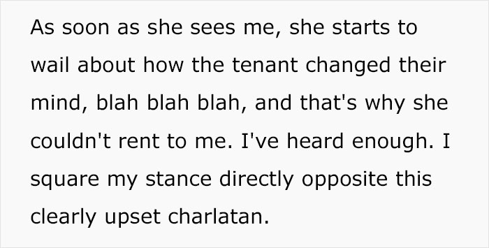 Text discussing a rental scam involving an upset person, highlighting a charlatan's excuses and a victim's response. Text discussing a rental scam involving an upset person, highlighting a charlatan's excuses and a victim's response.