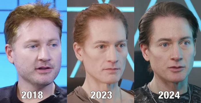 Billionaire's aging reversal journey: three side-by-side portraits from 2018, 2023, and 2024. Billionaire's aging reversal journey: three side-by-side portraits from 2018, 2023, and 2024.