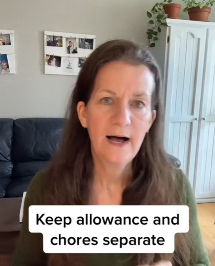 Expert discusses not paying children for chores, with advice text overlay in home setting. Expert discusses not paying children for chores, with advice text overlay in home setting.