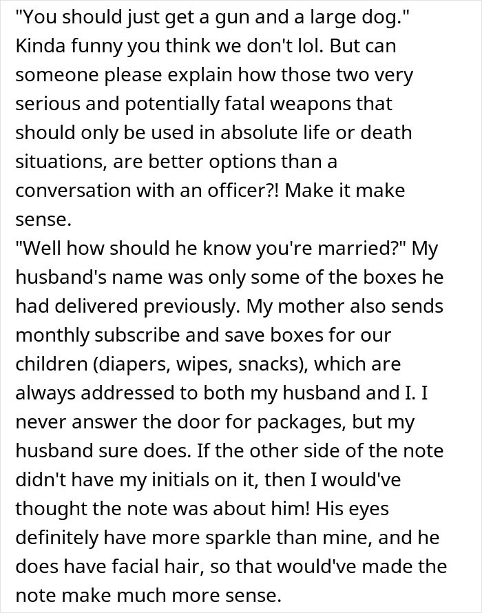 Text of a note discussing security and package delivery, mentioning Amazon driver and police involvement. Text of a note discussing security and package delivery, mentioning Amazon driver and police involvement.