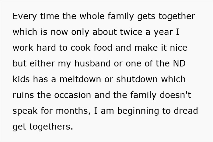 Text describing family struggles with neurodivergent husband during get-togethers. Text describing family struggles with neurodivergent husband during get-togethers.