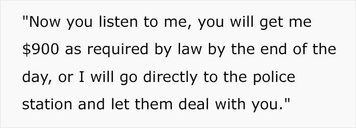 Text message demanding $900 by day's end or police involvement, related to apartment scam incident. Text message demanding $900 by day's end or police involvement, related to apartment scam incident.