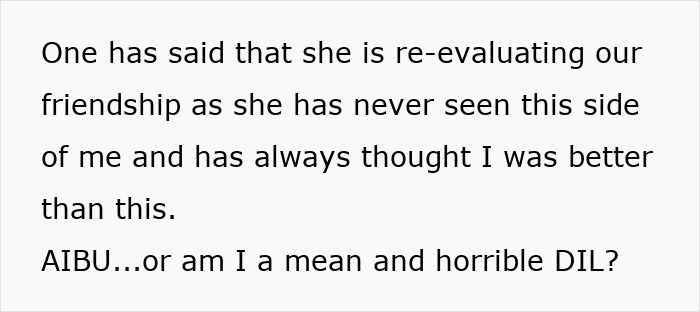 Text discussing the reevaluation of a friendship, with concerns about being a mean daughter-in-law. Text discussing the reevaluation of a friendship, with concerns about being a mean daughter-in-law.