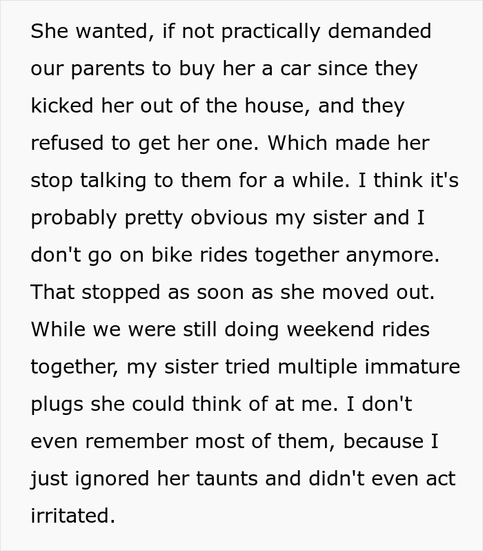 Text discussing a woman's demand for a car and the resulting family conflict over a bike. Text discussing a woman's demand for a car and the resulting family conflict over a bike.