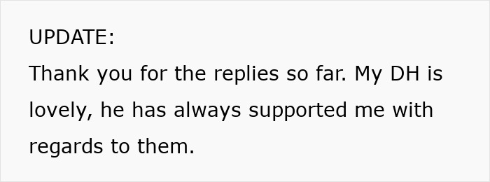 Text update about support from husband, regarding elderly in-laws needing help. Text update about support from husband, regarding elderly in-laws needing help.