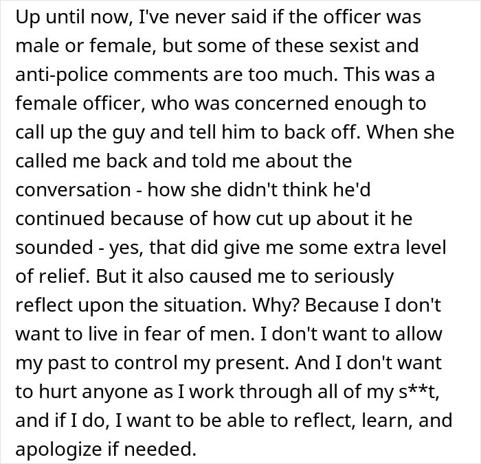 Text about calling police after Amazon driver's note, discussing officer's gender and reflecting on fear and past experiences. Text about calling police after Amazon driver's note, discussing officer's gender and reflecting on fear and past experiences.