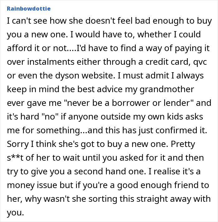 Text post discussing a woman's decision not to go into debt over a lost hairdryer, citing financial advice. Text post discussing a woman's decision not to go into debt over a lost hairdryer, citing financial advice.