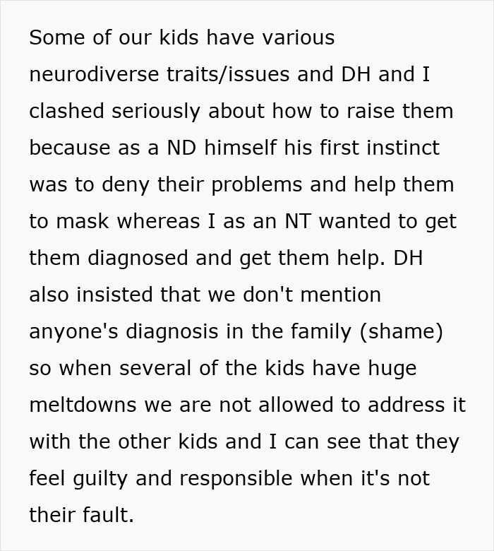 Text discussing challenges faced by a wife due to her neurodivergent husband and their children's issues. Text discussing challenges faced by a wife due to her neurodivergent husband and their children's issues.