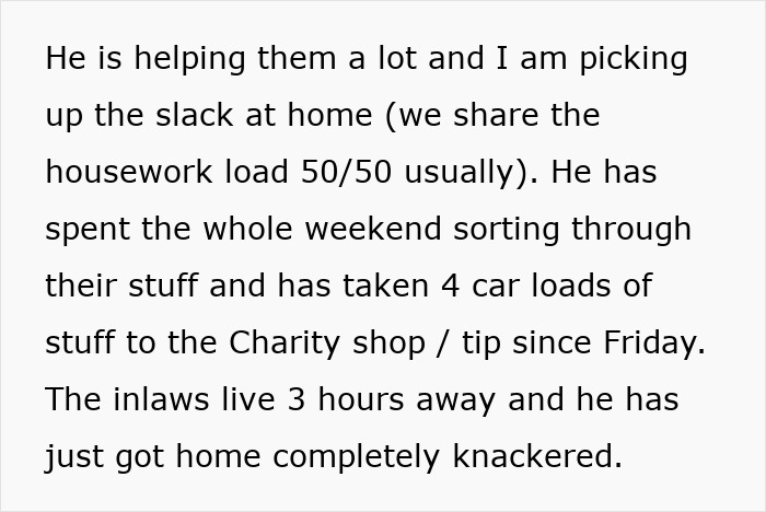 Text about a husband helping his in-laws by sorting belongings and driving donations nearby. Text about a husband helping his in-laws by sorting belongings and driving donations nearby.