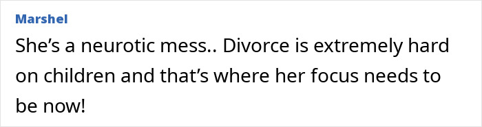 Comment questioning focus on children post-divorce, claiming it's needed more than a "revenge body. Comment questioning focus on children post-divorce, claiming it's needed more than a "revenge body.