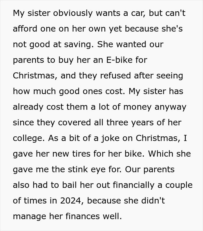 Text description of a woman's financial struggles and family tensions over an e-bike. Text description of a woman's financial struggles and family tensions over an e-bike.