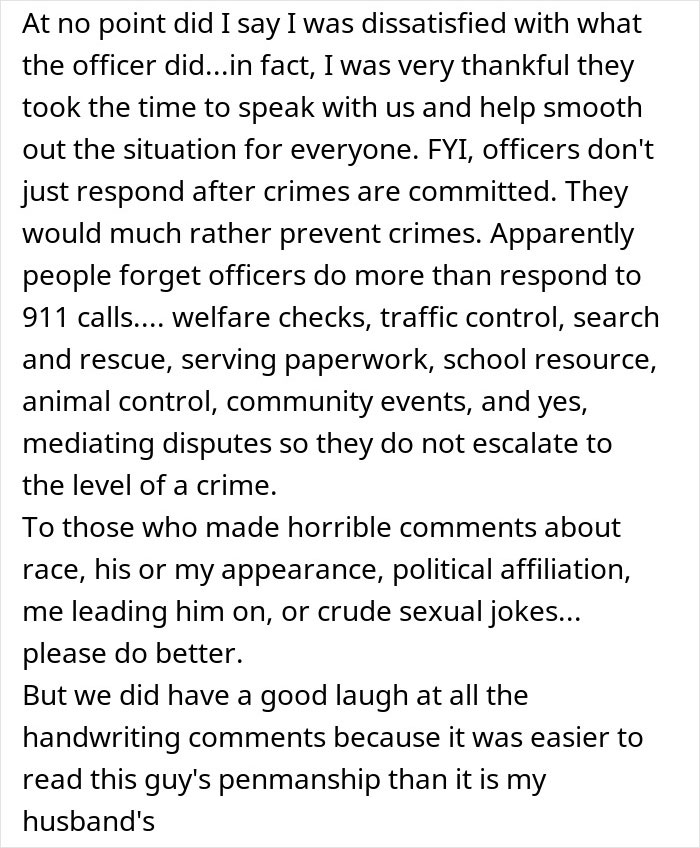 Text from a note discussing gratitude for police actions beyond crime response and addressing inappropriate comments. Text from a note discussing gratitude for police actions beyond crime response and addressing inappropriate comments.