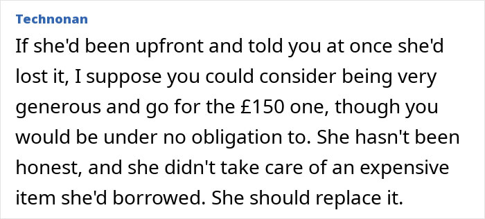 Text message discussing a woman's refusal to buy a new hairdryer for a friend who lost the original. Text message discussing a woman's refusal to buy a new hairdryer for a friend who lost the original.