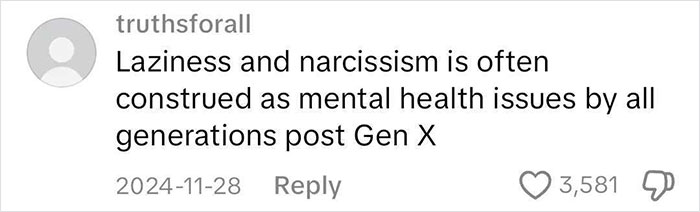 Comment on mental health as an excuse in the workplace debate, from user truthsforall, with reactions. Comment on mental health as an excuse in the workplace debate, from user truthsforall, with reactions.