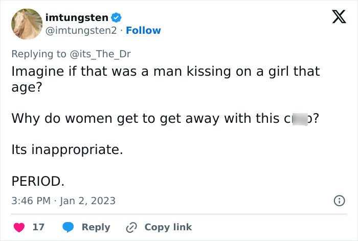 Tweet criticizing a resurfaced clip of Demi Moore kissing a young boy, calling it inappropriate and demanding accountability. Tweet criticizing a resurfaced clip of Demi Moore kissing a young boy, calling it inappropriate and demanding accountability.