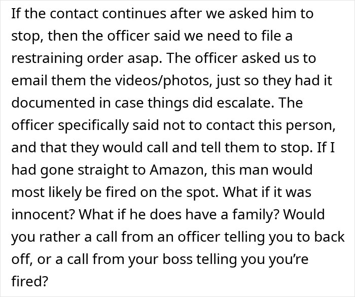 Text detailing police advice on handling contact issues with an Amazon driver. Text detailing police advice on handling contact issues with an Amazon driver.