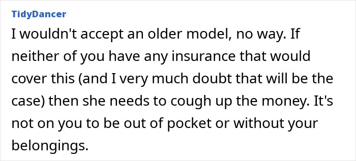 Online comment discussing refusal to buy a new hairdryer and financial responsibility. Online comment discussing refusal to buy a new hairdryer and financial responsibility.