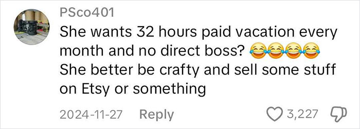 Comment criticizing a woman's job refusal citing mental health, suggesting selling crafts online. Comment criticizing a woman's job refusal citing mental health, suggesting selling crafts online.