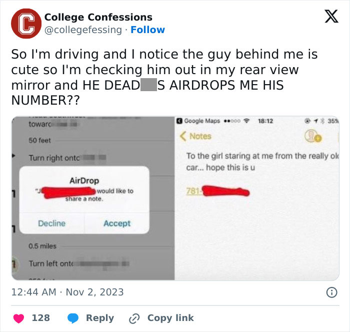 A meme with a humorous AirDrop message about sharing a phone number in traffic.