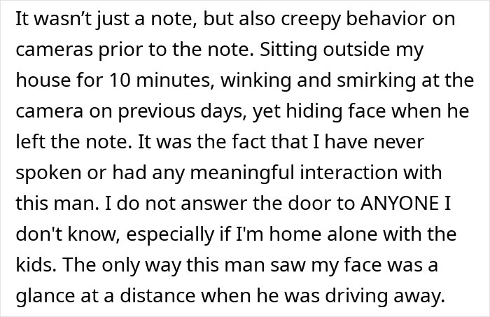 Text describing an Amazon driver's unsettling behavior before leaving a note. Text describing an Amazon driver's unsettling behavior before leaving a note.