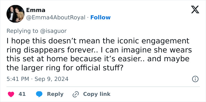 Tweet discussing Kate Middleton's engagement ring, speculating on whether she wears it for official events. Tweet discussing Kate Middleton's engagement ring, speculating on whether she wears it for official events.