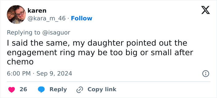 Tweet discussing Kate Middleton's engagement ring size after chemo. Tweet discussing Kate Middleton's engagement ring size after chemo.