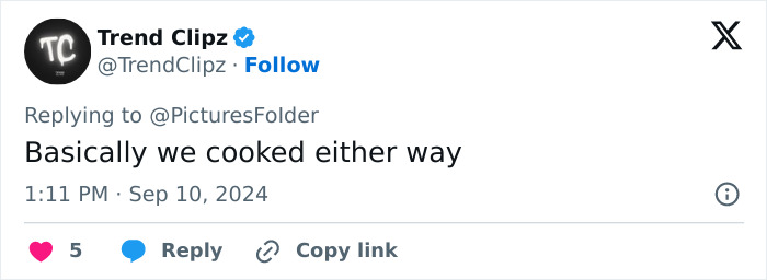 Tweet reply by Trend Clipz reading "Basically we cooked either way," related to twins study on divorce and diet impact. Tweet reply by Trend Clipz reading "Basically we cooked either way," related to twins study on divorce and diet impact.