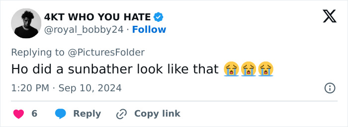 Tweet response with emojis questioning a sunbather's appearance related to the study on divorce and diet impact on the face. Tweet response with emojis questioning a sunbather's appearance related to the study on divorce and diet impact on the face.