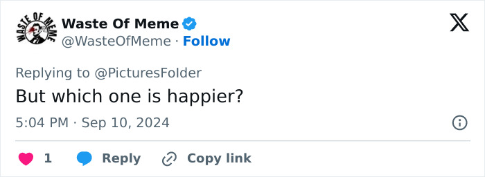 Tweet asks, "But which one is happier?" related to twins study on impact of divorce and bad diet on face. Tweet asks, "But which one is happier?" related to twins study on impact of divorce and bad diet on face.