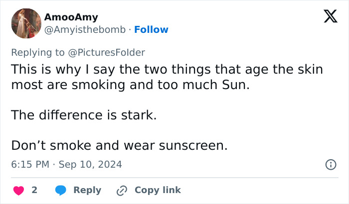 Tweet discussing skin aging, comparing smoking and sun exposure effects on the face. Tweet discussing skin aging, comparing smoking and sun exposure effects on the face.