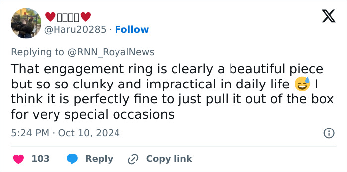 Tweet about the engagement ring's impracticality in daily life, with emoji reactions and engagement metrics displayed. Tweet about the engagement ring's impracticality in daily life, with emoji reactions and engagement metrics displayed.