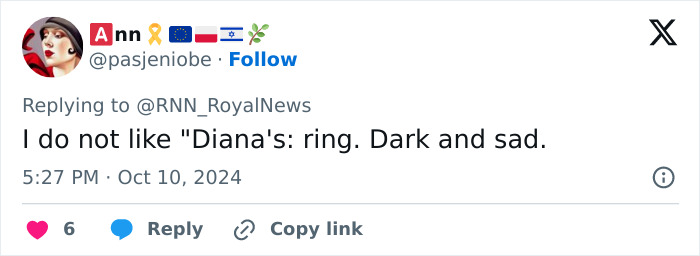 Tweet discussing mystery of Kate Middleton's engagement ring, described as dark and sad. Tweet discussing mystery of Kate Middleton's engagement ring, described as dark and sad.