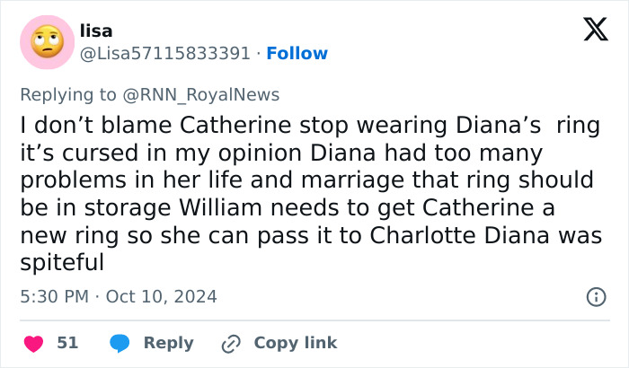 Tweet discussing Kate Middleton's engagement ring cursed theories and suggestions for a new ring from William. Tweet discussing Kate Middleton's engagement ring cursed theories and suggestions for a new ring from William.