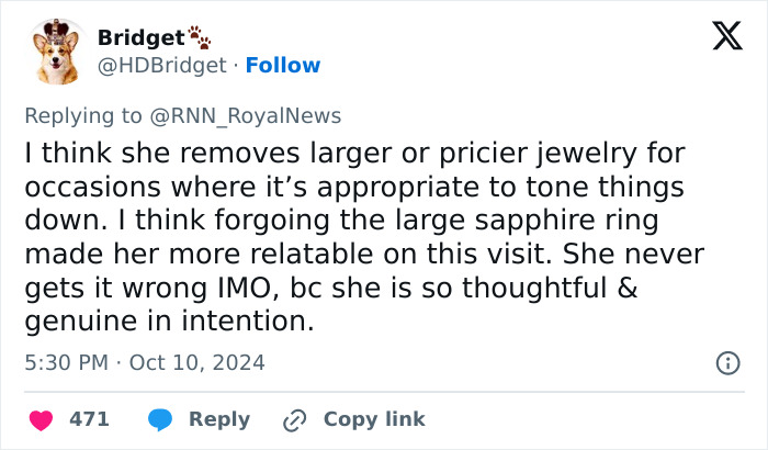 Tweet discussing Kate Middleton's choice to forgo her sapphire engagement ring on a visit, sparking jewelry theories. Tweet discussing Kate Middleton's choice to forgo her sapphire engagement ring on a visit, sparking jewelry theories.