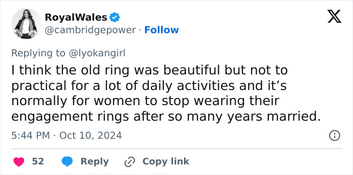 Tweet discussing Kate Middleton's engagement ring and practicality in daily activities. Tweet discussing Kate Middleton's engagement ring and practicality in daily activities.