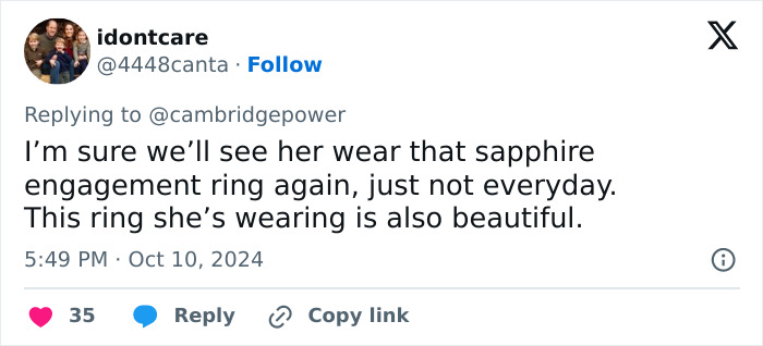 Tweet discussing Kate Middleton's sapphire engagement ring and its beauty. Tweet discussing Kate Middleton's sapphire engagement ring and its beauty.