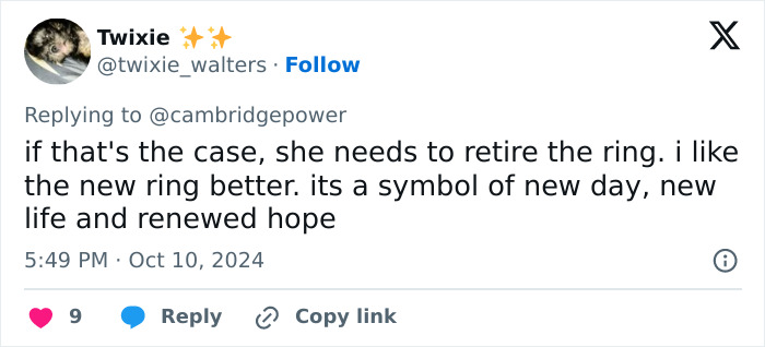 Tweet discussing Kate Middleton's engagement ring, suggesting it should be retired in favor of a new symbol of hope. Tweet discussing Kate Middleton's engagement ring, suggesting it should be retired in favor of a new symbol of hope.