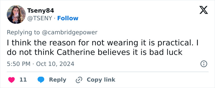 Tweet discussing Kate Middleton's engagement ring mystery, suggesting practical reasons for not wearing it. Tweet discussing Kate Middleton's engagement ring mystery, suggesting practical reasons for not wearing it.